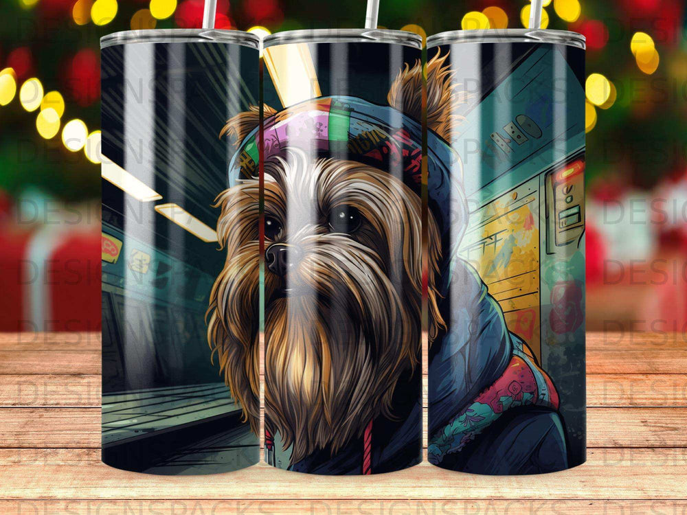Yorkshire terrier wearing a hoodie and beanie, close-up.