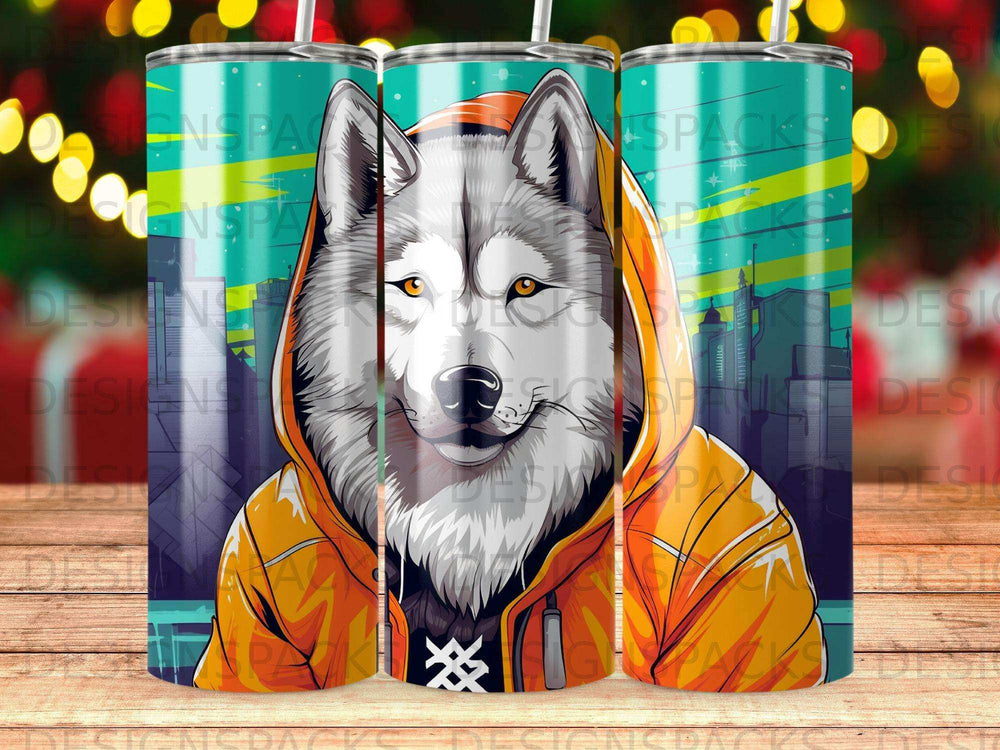 Husky wearing an orange hoodie against a cityscape background.