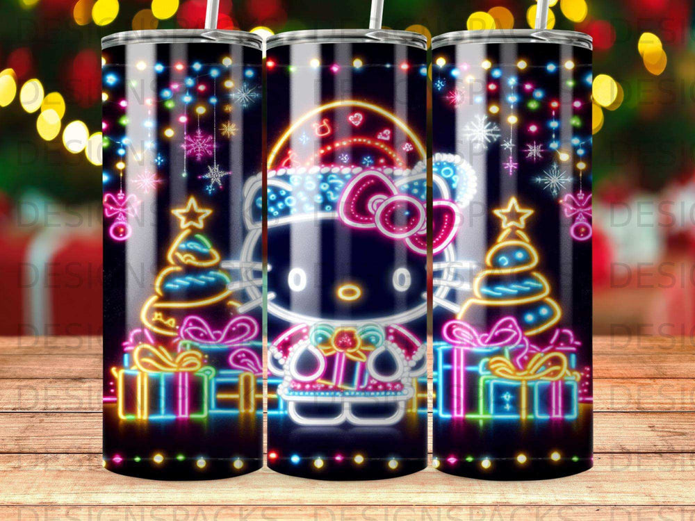 Hello Kitty in Santa hat with gifts and Christmas trees, neon design.