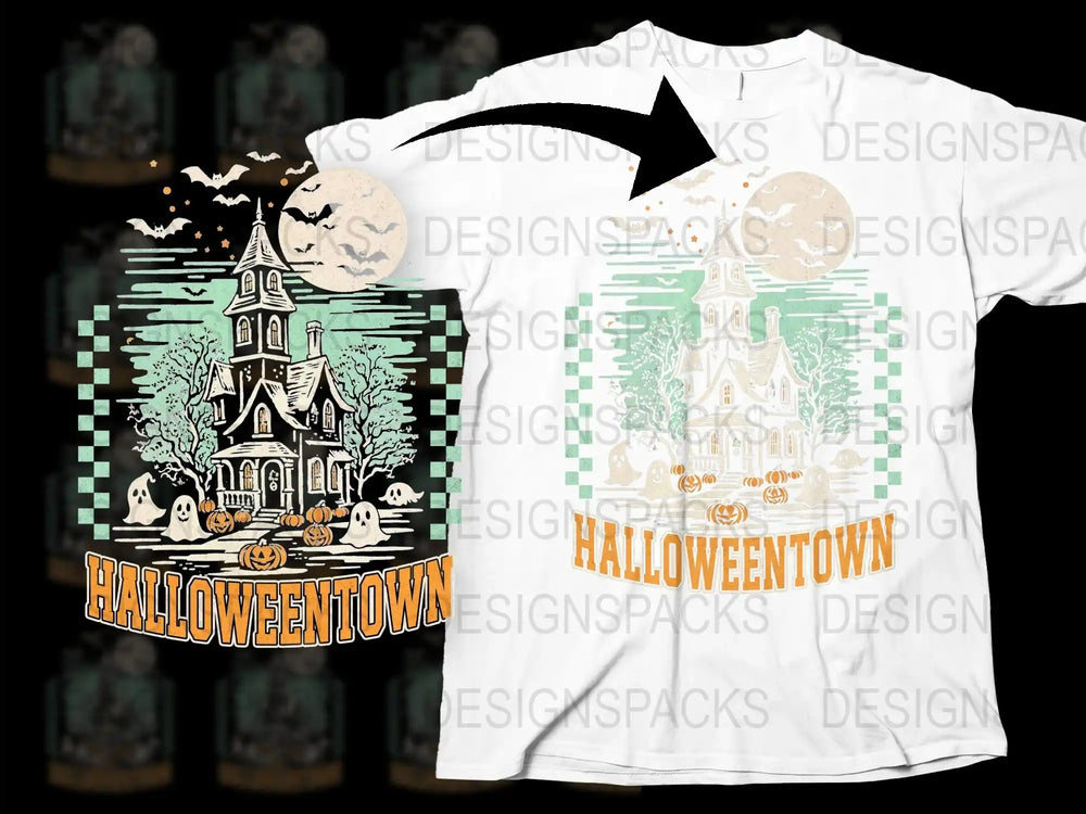 Halloweentown T-Shirt, Spooky Church and Ghosts Graphic Tee, Halloween Full Moon Night, Unisex Adult Clothing