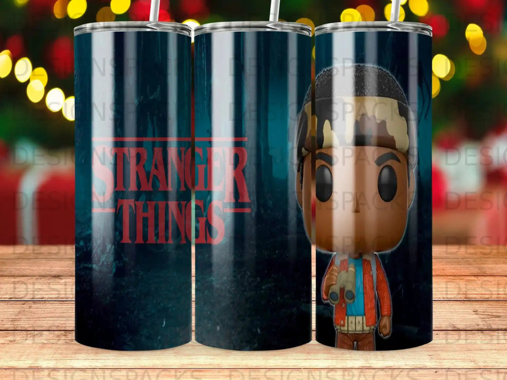 Stranger Things themed tumbler with character figure and distressed background.