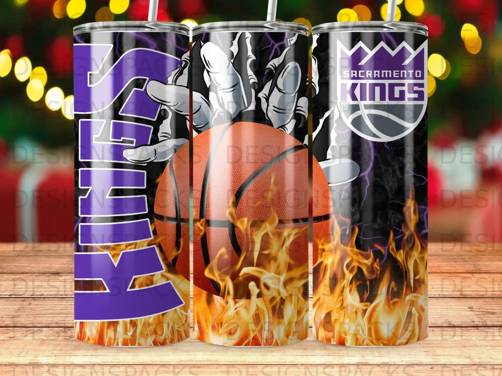 Sacramento Kings basketball tumbler with flames and logo.