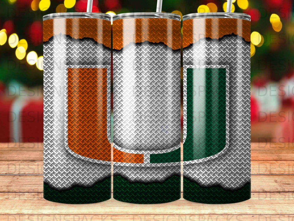 Three tumblers with a diamond plate pattern and orange and green stripe designs.