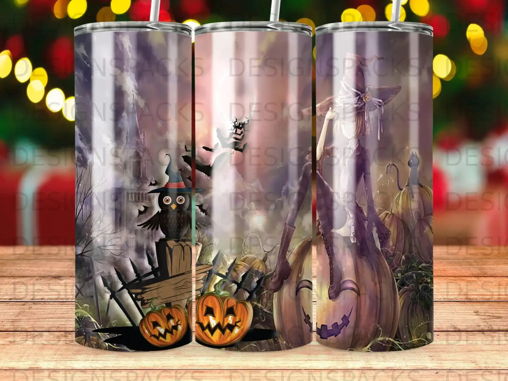 Halloween tumbler with owl, pumpkins, and spooky scene.