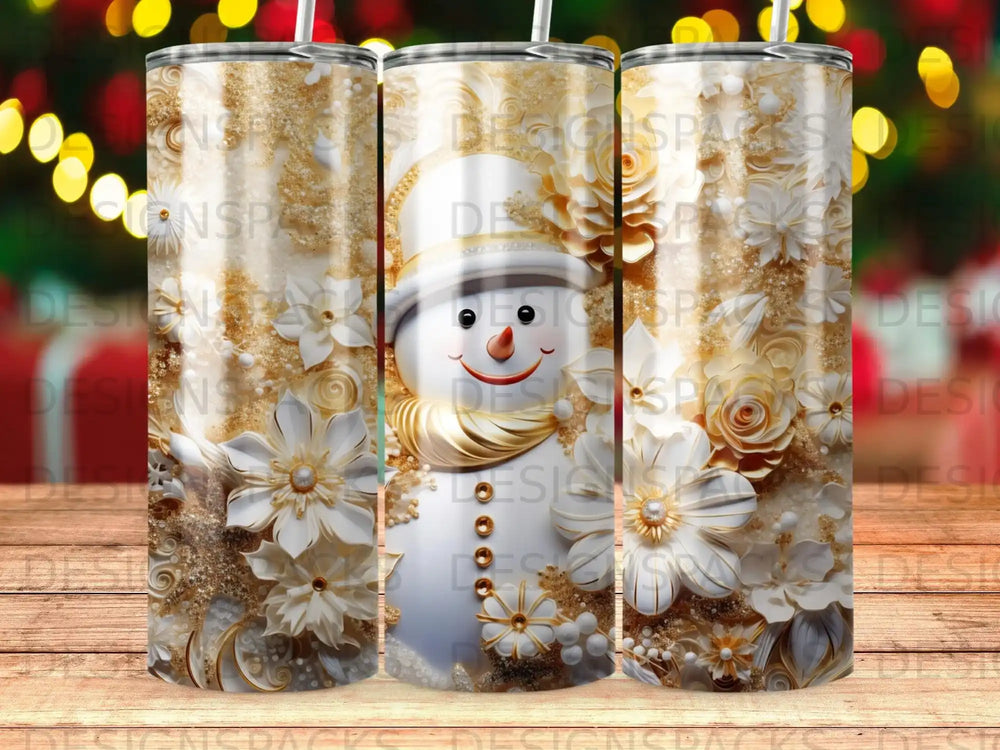 Snowman with white floral and gold ornate decorations on a tumbler.