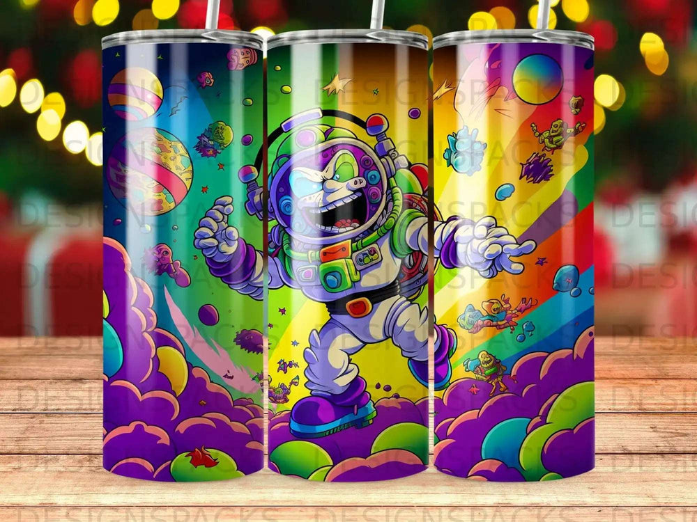 Astronaut in colorful, retro-style cartoon on a tumbler.