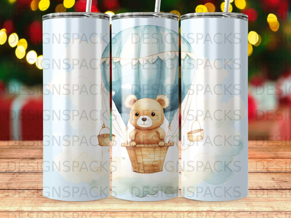 Cute teddy bear in a basket, surrounded by clouds, with repeating logo watermark.