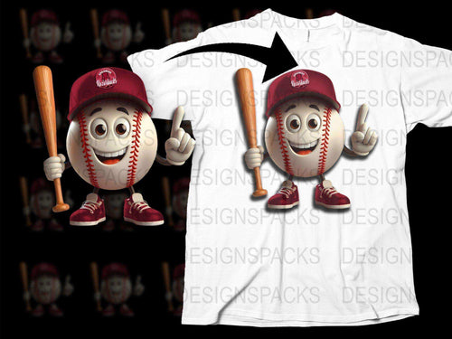 Cartoon Baseball Character T-Shirt, Cute Mascot Design, Kids and Adults Casual Wear