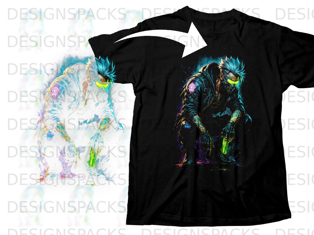 Black t-shirt with a cyberpunk character design, holding a glowing green vial.