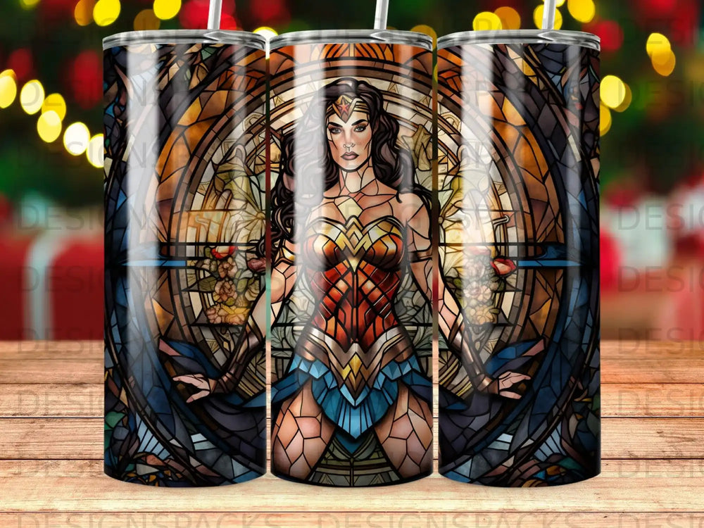 Wonder Woman in stained glass mosaic pattern on a tumbler.