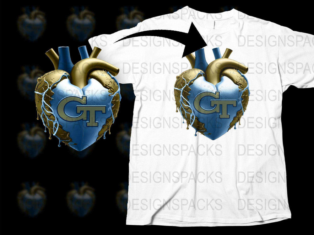 3D Heart Graphic T-Shirt, Blue and Gold Heart Design, Trendy Tee, Stylish Casual Wear, Unique Graphic Shirt
