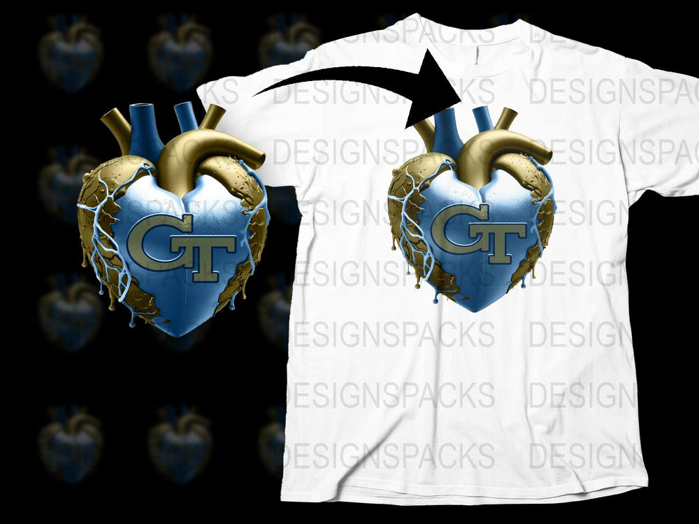 3D Heart Graphic T-Shirt, Blue and Gold Heart Design, Trendy Tee, Stylish Casual Wear, Unique Graphic Shirt