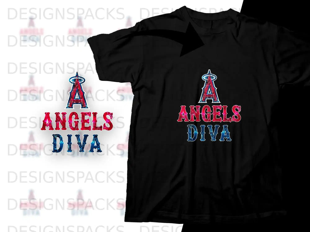 Los Angeles Angels logo and "Angels Diva" text on a black t-shirt.