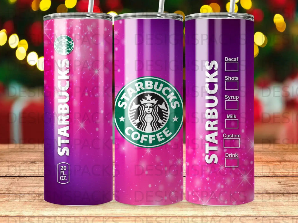 Starbucks logo tumbler with drink options: Decaf, Shots, Syrup, Milk, Custom, Drink.