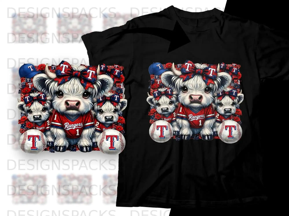 Cow mascot wearing Texas Rangers uniform and bow, with baseballs.
