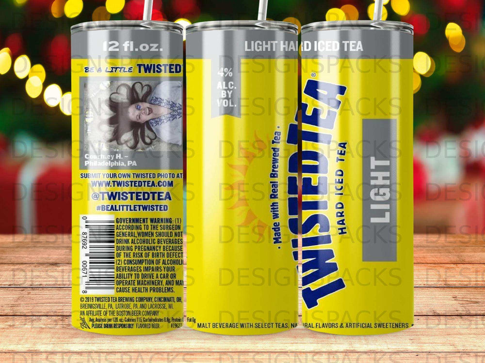 Twisted Tea Light Hand Iced Tea can with a woman's photo and health warning.