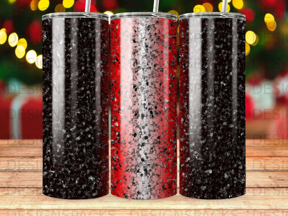 Glitter tumbler with black, red, and silver sparkles.