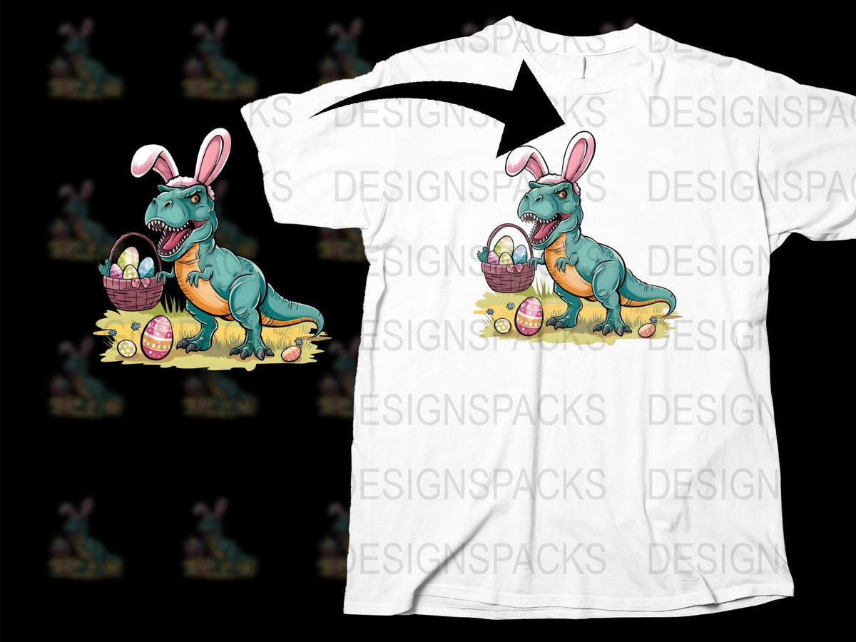 Dinosaur Easter Bunny T-Shirt, Cute Tyrannosaurus Rex with Eggs, Kids Holiday Tee, Fun Spring Fashion, Colorful Graphic Shirt for All Ages