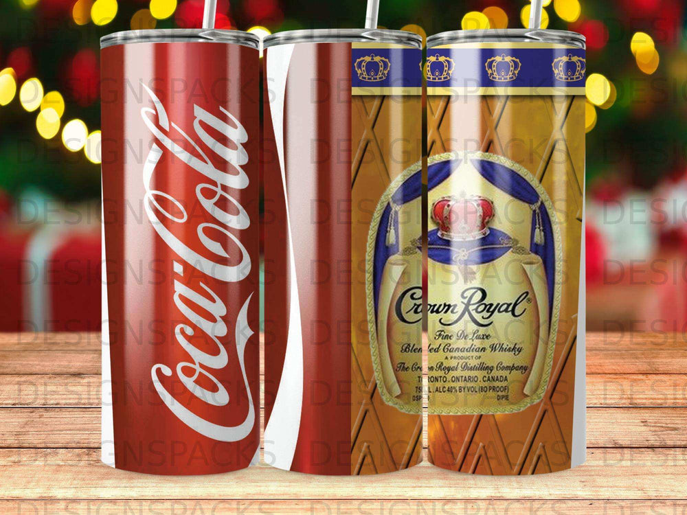 Coca-Cola and Crown Royal Canadian whisky tumbler featuring company logos.