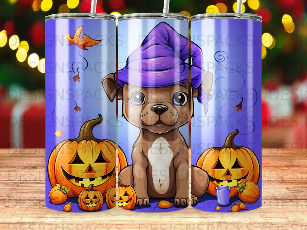 Brown dog wearing a purple witch hat with pumpkins and Halloween-themed background.