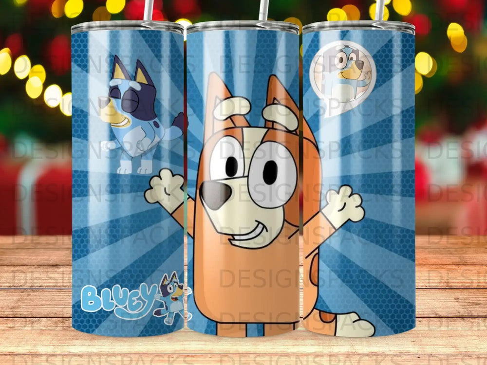 Bluey and Bingo from the cartoon Bluey with "Bluey" text on a blue background.