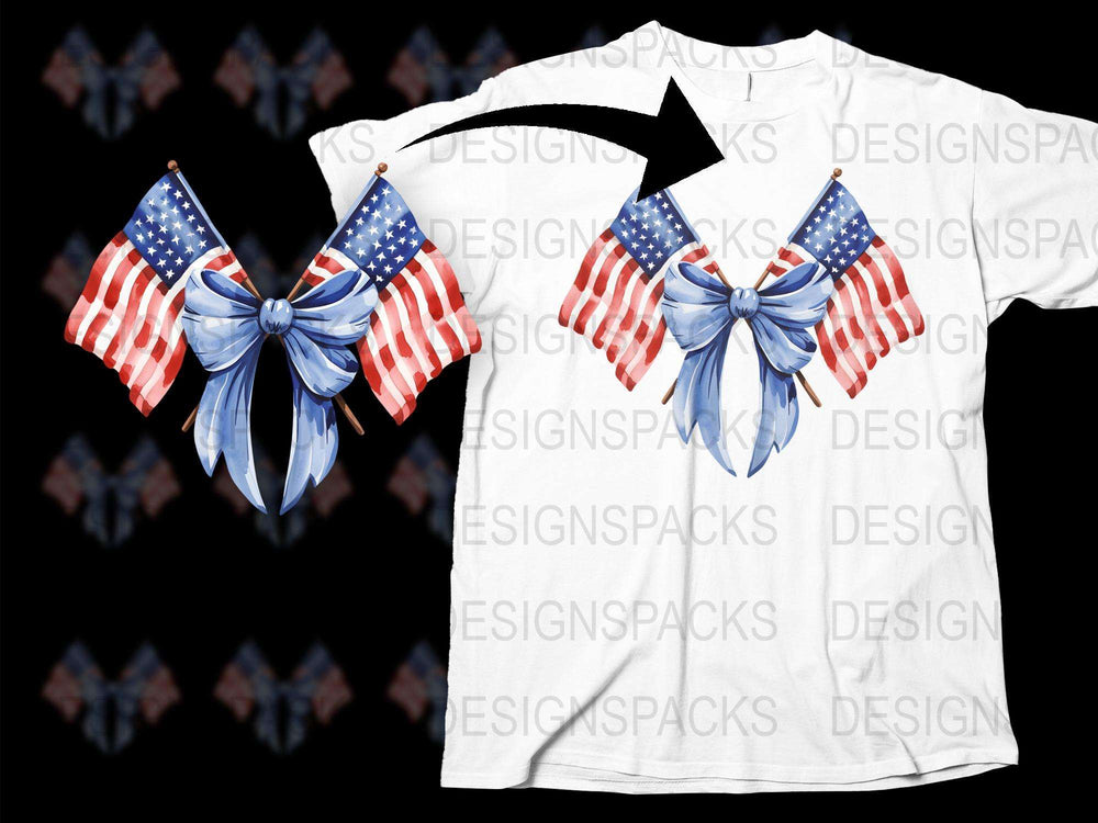 Patriotic American Flag Bow T-Shirt, White Graphic Tee, USA Flag Print, Independence Day Apparel, Fourth of July Outfit