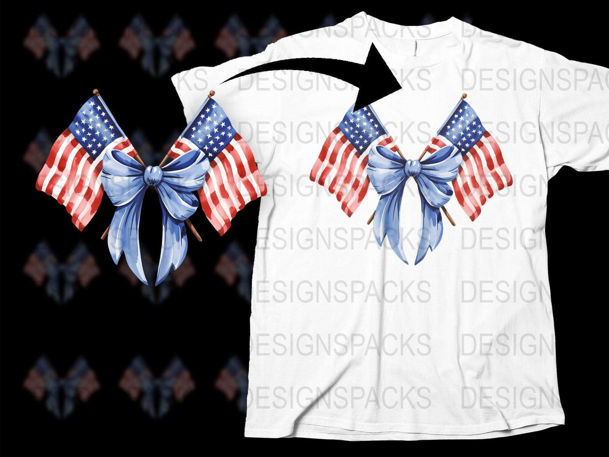 Patriotic American Flag Bow T-Shirt, White Graphic Tee, USA Flag Print, Independence Day Apparel, Fourth of July Outfit