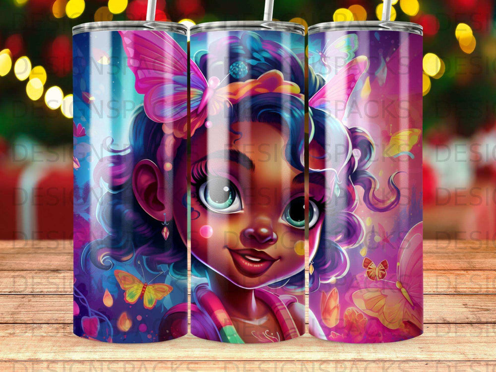 Illustration of a girl with butterflies and colorful bokeh lights.