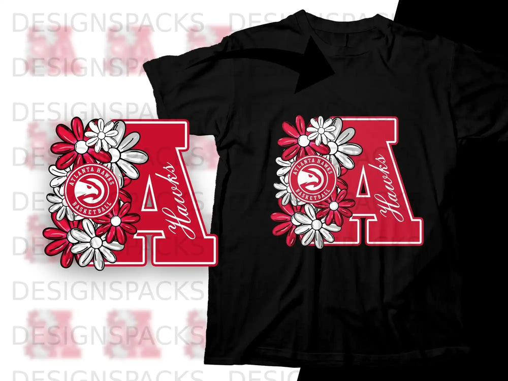 Atlanta Hawks basketball logo with flowers on a black t-shirt.