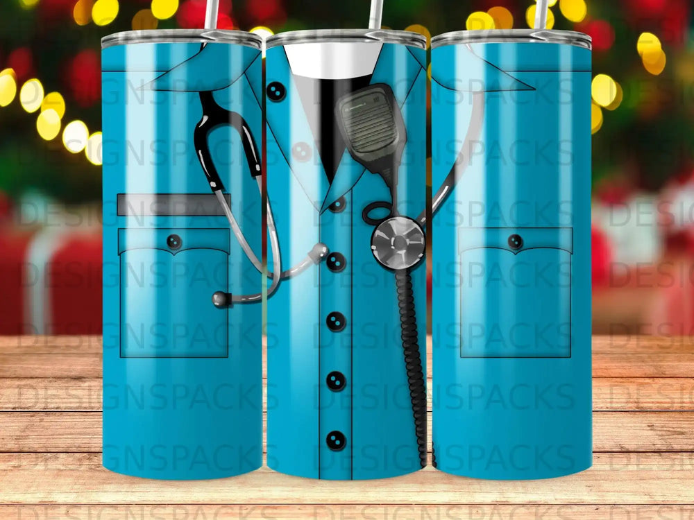 Blue scrubs with stethoscope and walkie-talkie graphic on a tumbler.