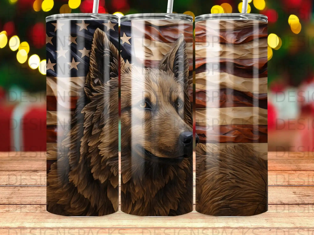 German Shepherd portrait overlaid with American flag design on a tumbler.