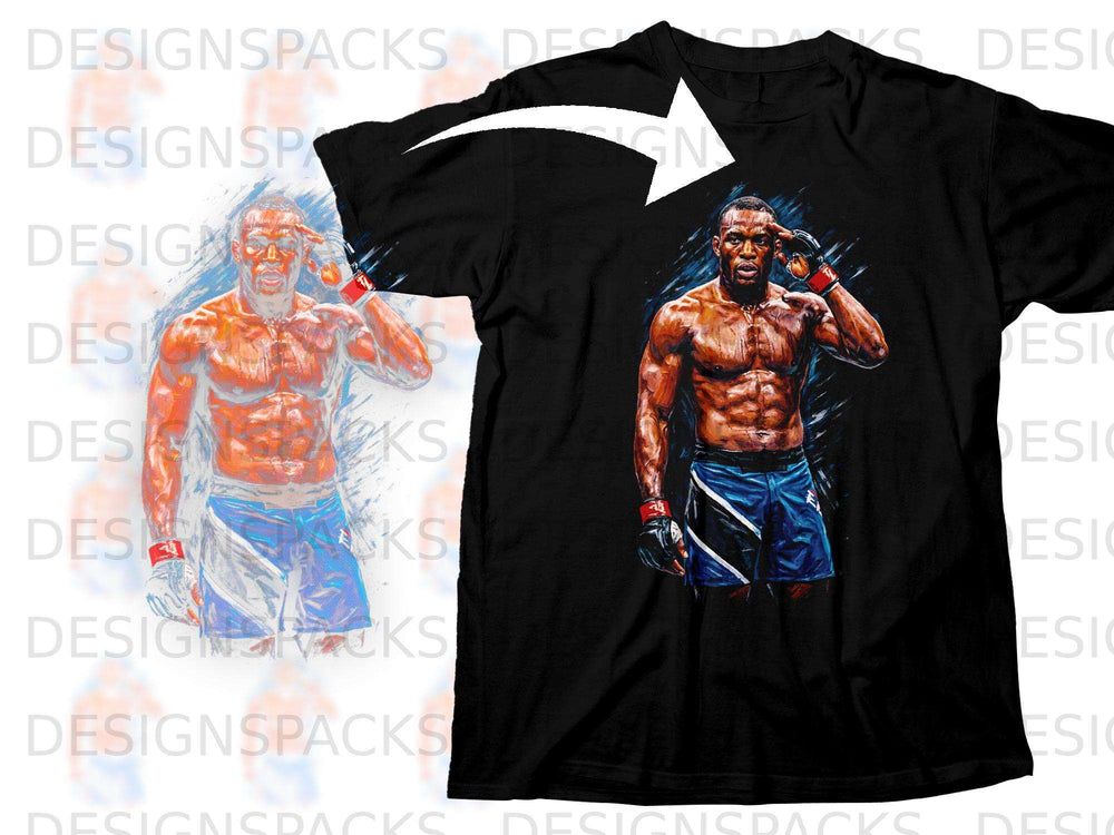 Black t-shirt with an illustration of a shirtless fighter in blue shorts.