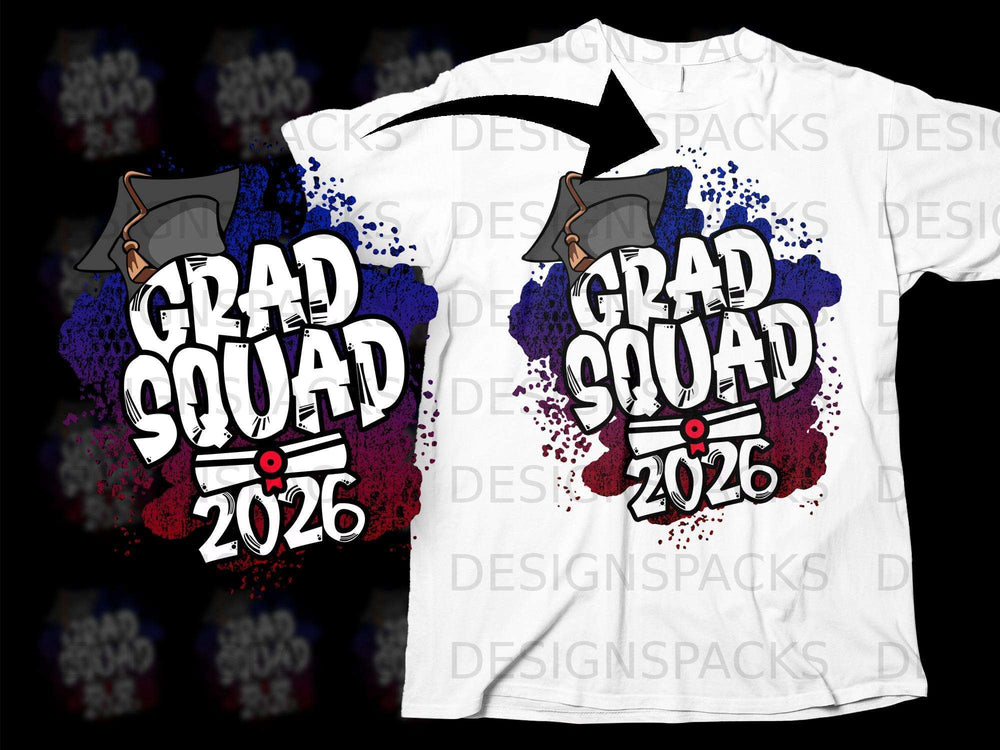 White t-shirt with "GRAD SQUAD 2026" text, graduation cap, and diploma graphic.
