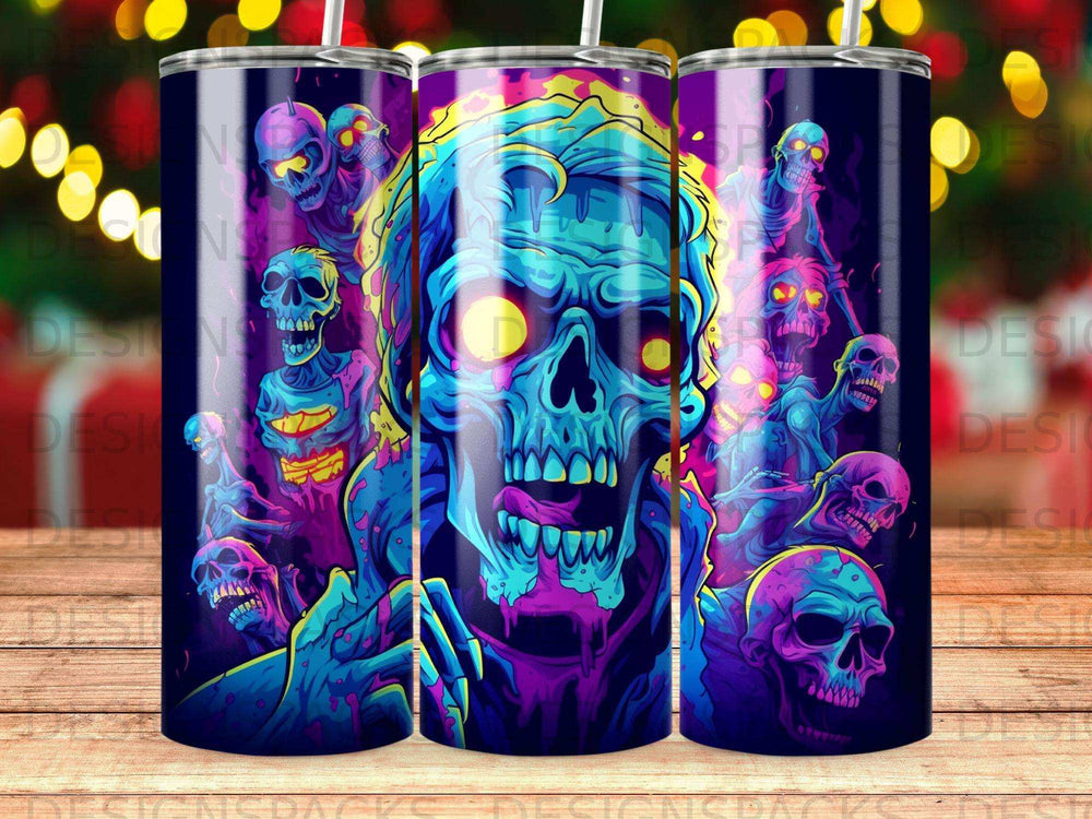 Three tumblers featuring a vibrant, abstract skull design with glowing yellow eyes.