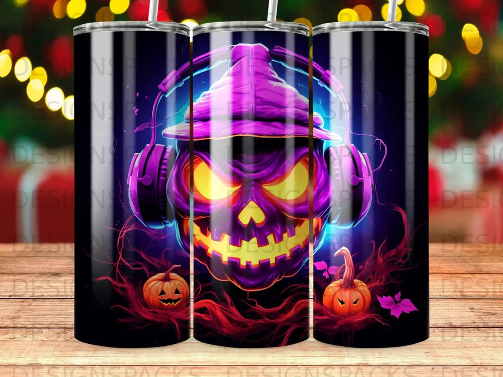Spooky pumpkin with headphones and glowing eyes, set against a dark background with pumpkins.