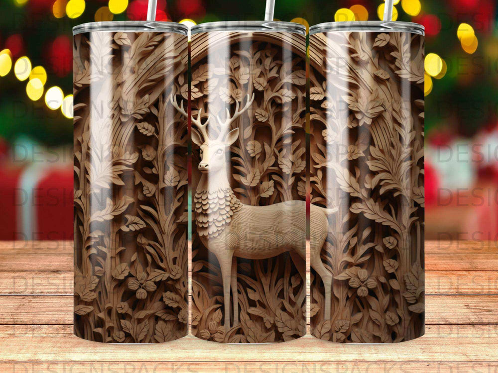 Wooden carved deer surrounded by ornate forest foliage on a tumbler.