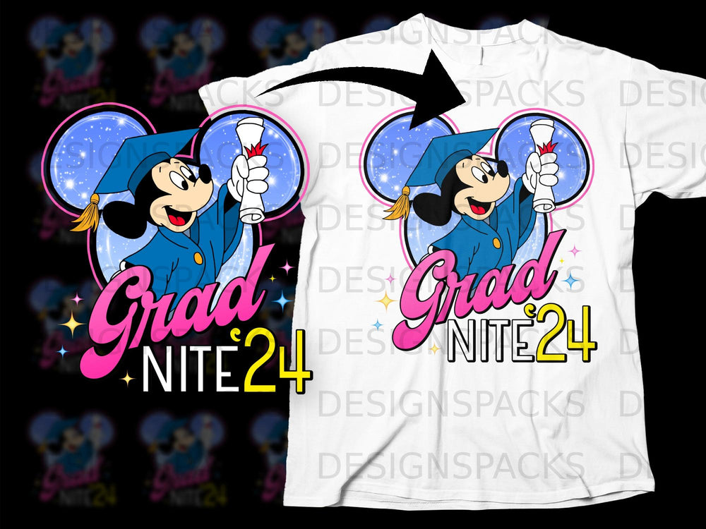 Mickey Mouse in graduation cap holds diploma with "Grad Nite 24" text.