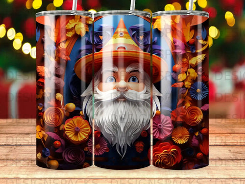 Santa Claus wearing a wizard hat surrounded by colorful paper flowers.