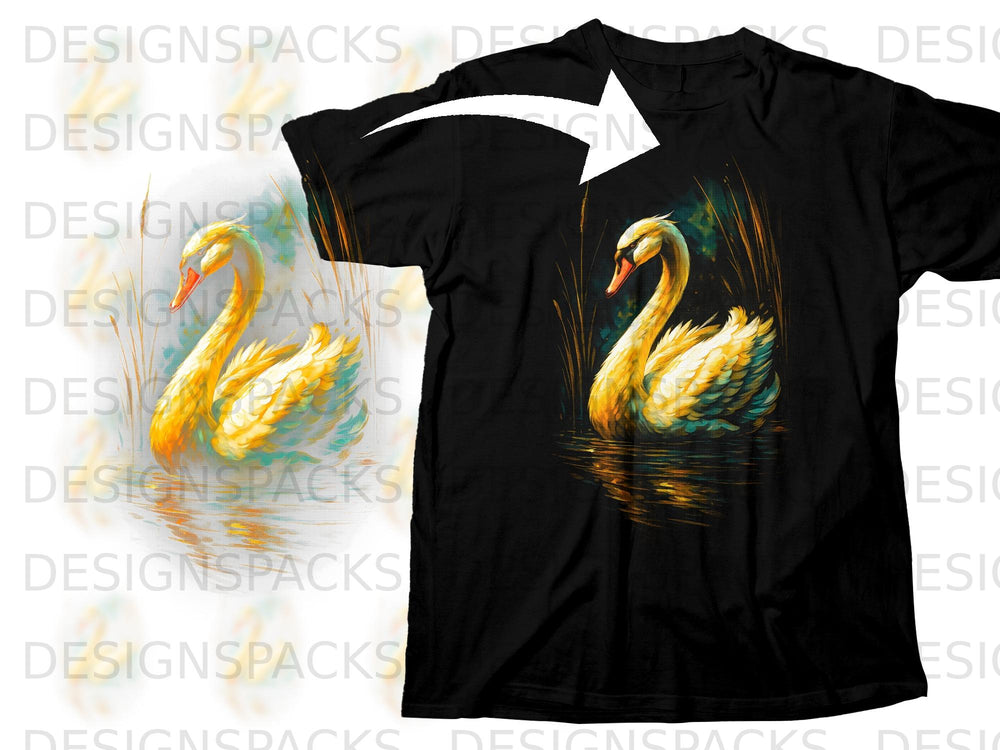 Black t-shirt with a vibrant yellow swan on dark water with reeds.