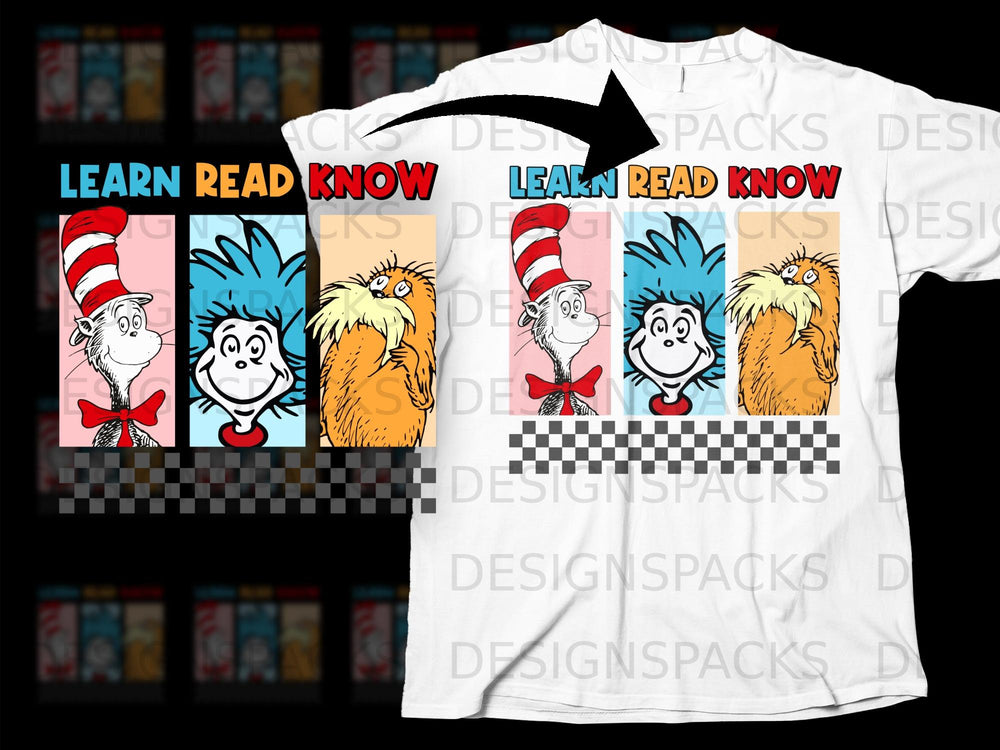 Dr. Seuss characters Cat in the Hat, Thing 1, Thing 2, and the Lorax with text Learn Read Know.