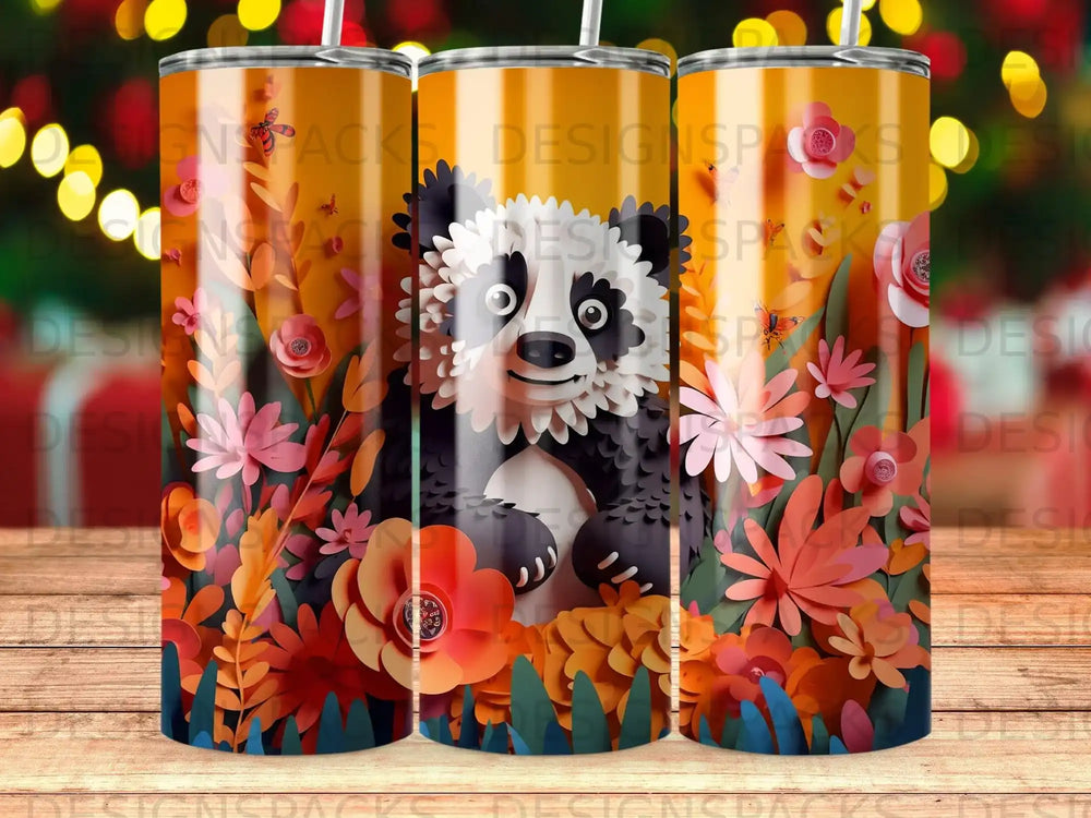 Three tumblers featuring a cartoon panda surrounded by colorful floral designs.
