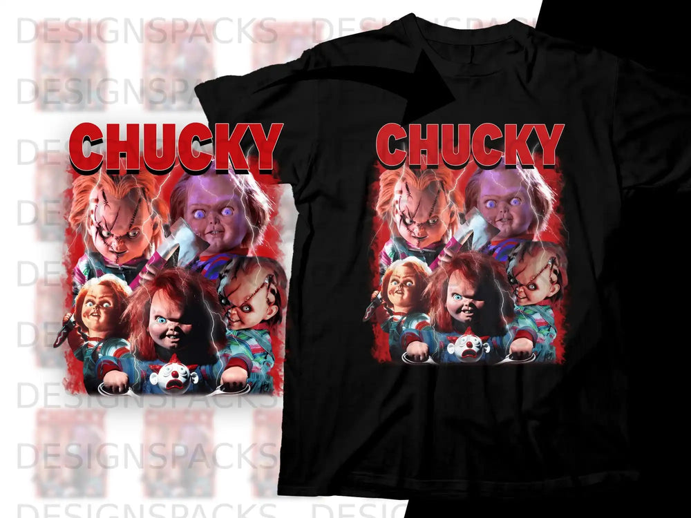 T-shirt featuring Chucky dolls with "Chucky" text.