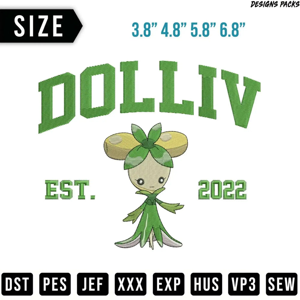Embroidered design of character Dolliv with sizes and file formats listed.