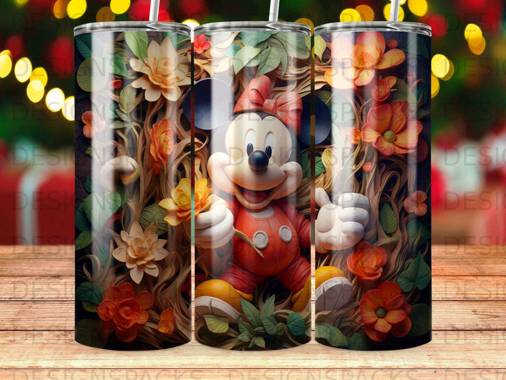 Minnie Mouse in a forest of flowers and leaves, holding a daisy.