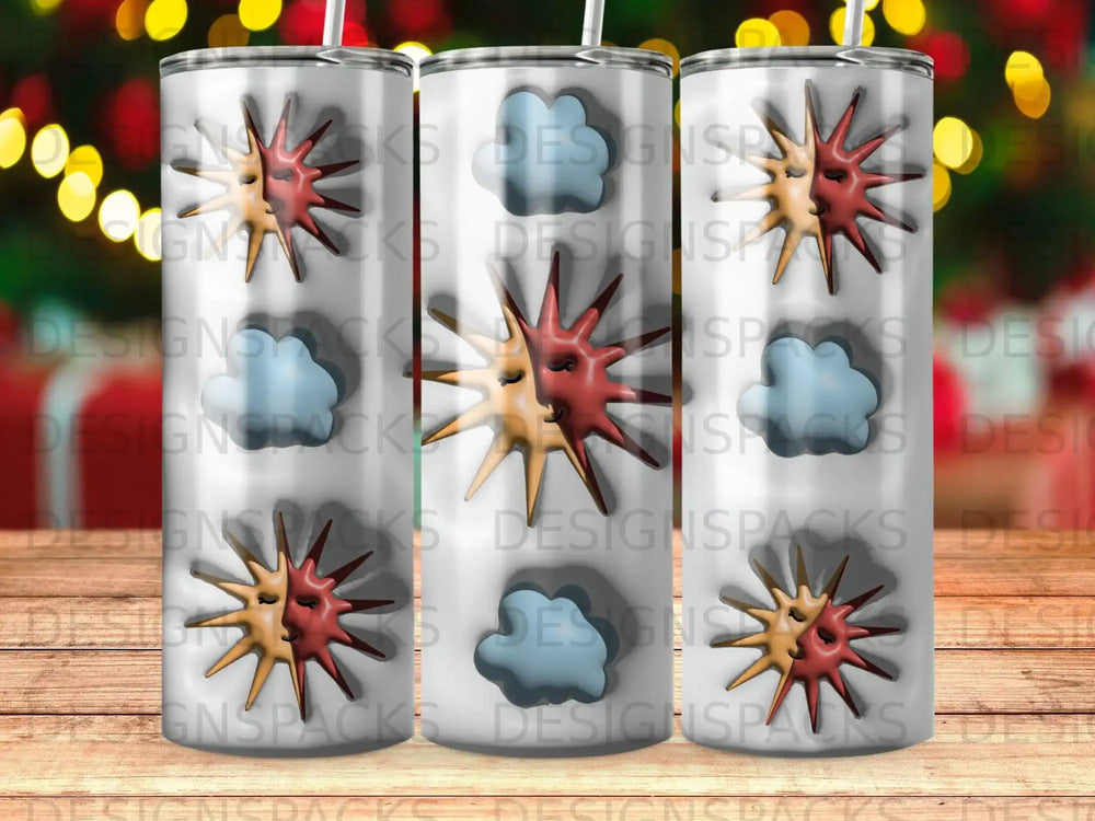 Three tumblers featuring a stylized sun and clouds pattern.