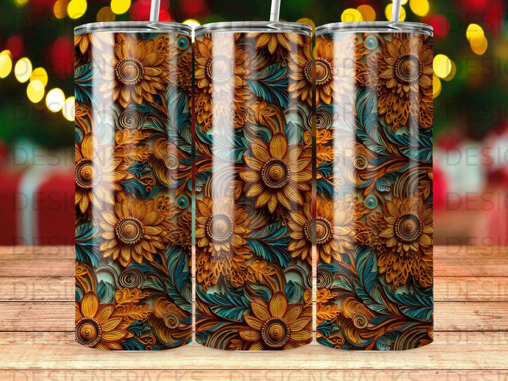 Tumbler with a repeating pattern of stylized golden sunflowers and blue floral accents.