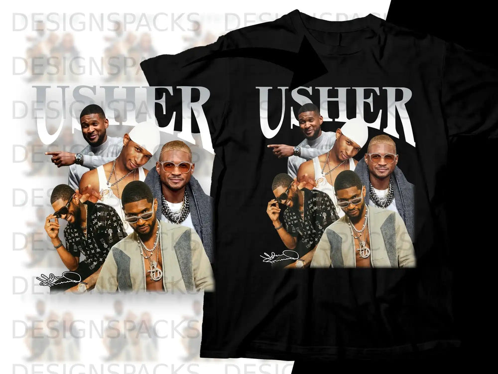 Usher in a collage of portraits, wearing sunglasses and jewelry, on a black t-shirt.