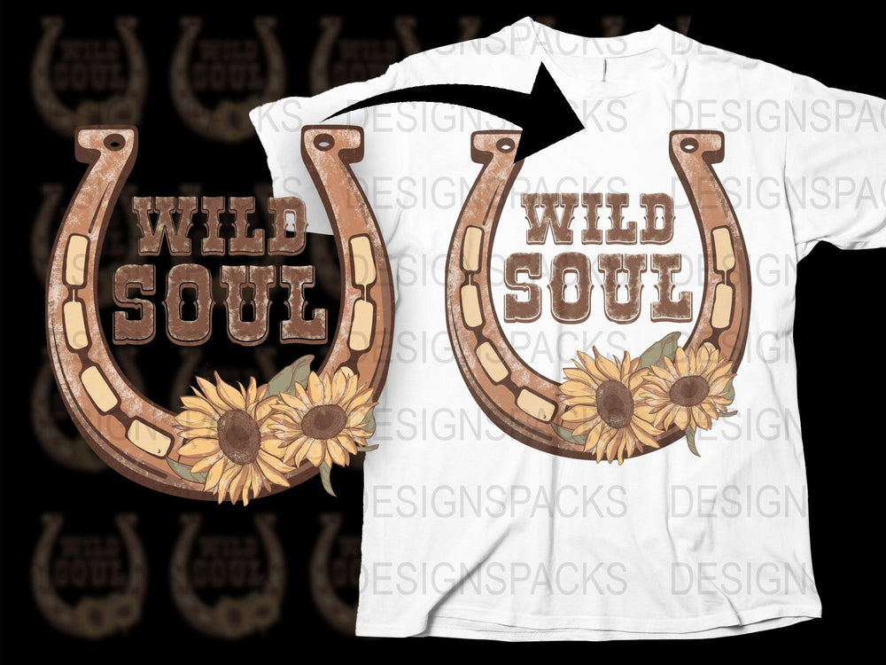 Wild Soul Horseshoe and Sunflower Graphic T-Shirt, Rustic Boho Style Tee, Floral Country Shirt Design, Western Fashion Top