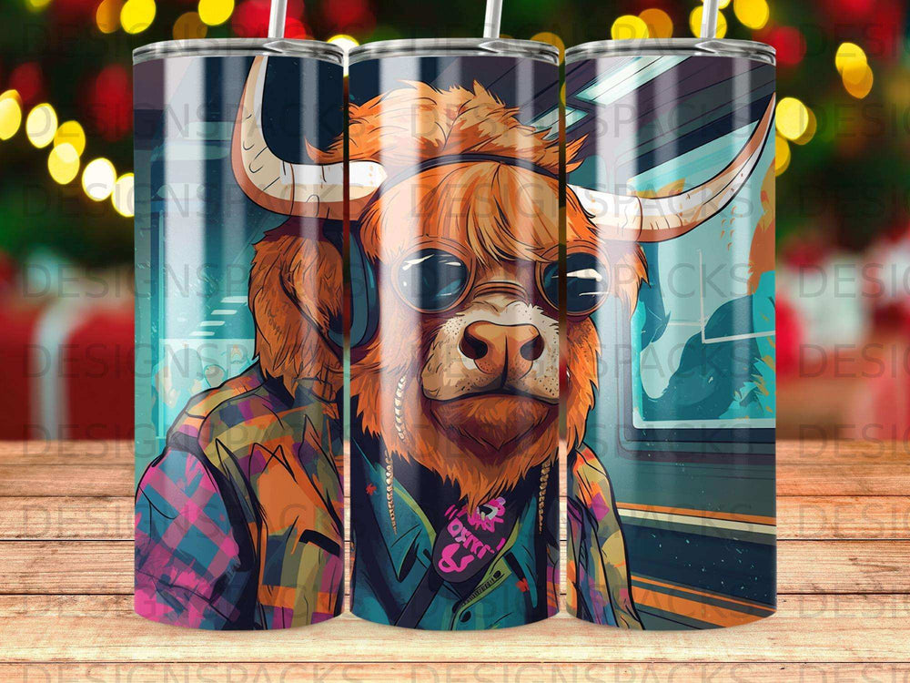 Highland cow wearing headphones and a plaid shirt in a city scene.