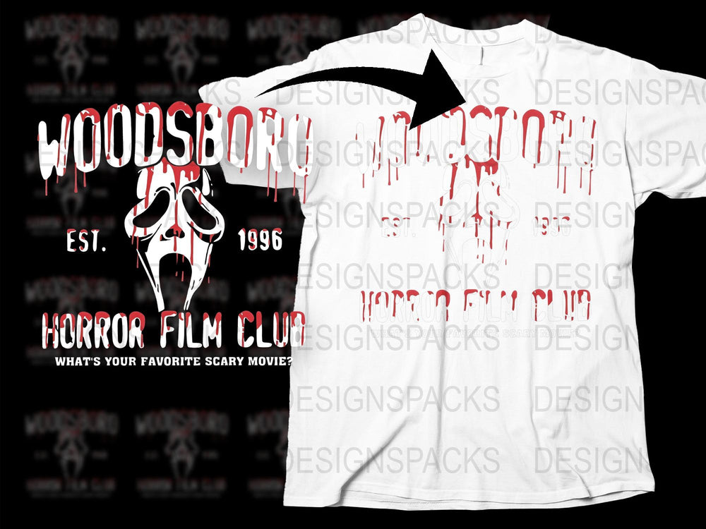 Woodsboro Horror Film Club T-Shirt, Scary Movie Fan Tee, Vintage 1996 Design, Blood Splatter Graphic Shirt